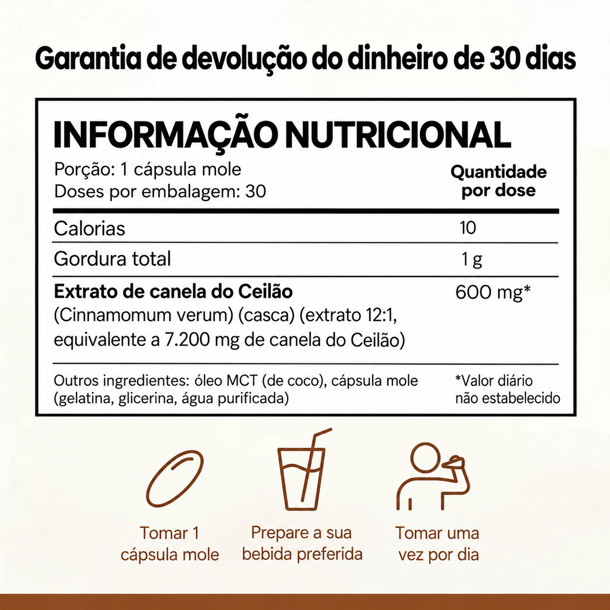 Canela do Ceilão – equivalente a 7.200 mg com óleo MCT